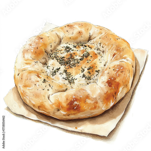 Delicious Focaccia Bread with Herbs and Spices on Paper.