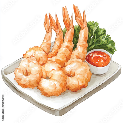 Delicious fried shrimp tempura served with dipping sauce on a plate.