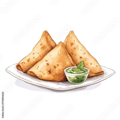 Delicious golden brown samosas served with chutney.
