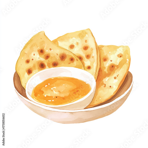 Delicious golden fried flatbread with a bowl of savory dipping sauce.