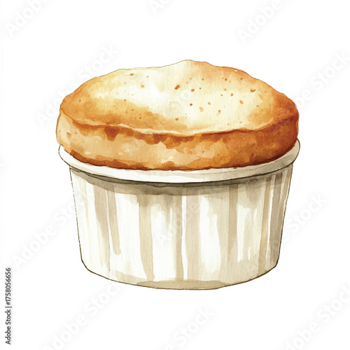 Delicious golden brown souffle in a white ramekin freshly baked dessert.