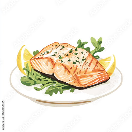 Delicious grilled salmon fillet served with lemon wedges and fresh herbs on a white plate.