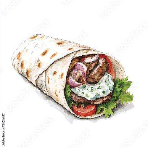 Delicious Gyro Wrap with Lamb Vegetables and Sauce.