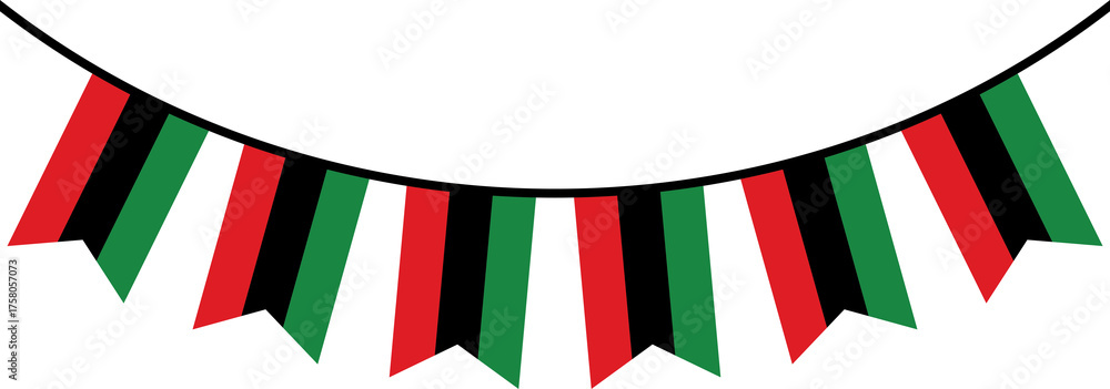 Fototapeta premium Red, black and green colored party bunting as the colors of the Pan-African flag. For Juneteenth and Black History Month. Flat design illustration.