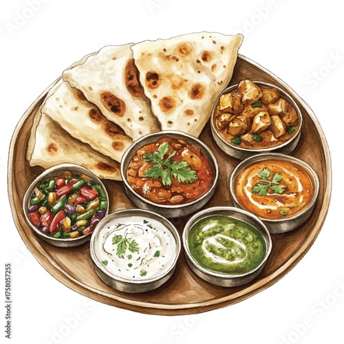 Delicious Indian Thali Platter with Various Dishes and Naan Bread.