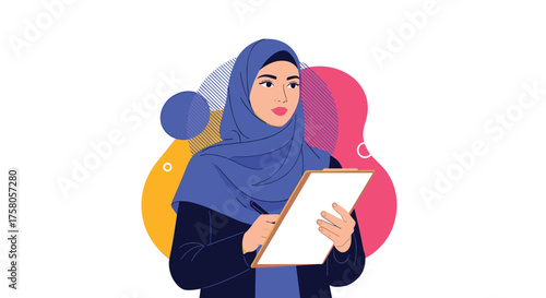 A professional muslim woman in a blue hijab holding a clipboard while working on her tasks.