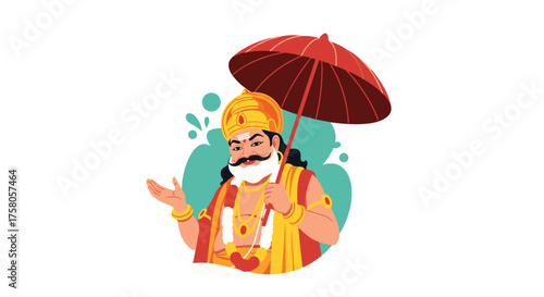 Traditional Indian king dressed in ornate attire holding a red umbrella. 