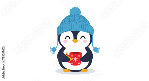 A cute penguin wearing a blue hat and holding a mug.