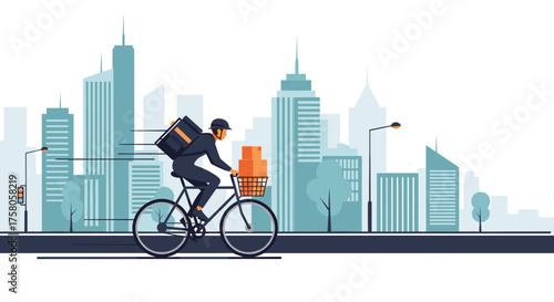 A person delivering packages on a bicycle through a city landscape.