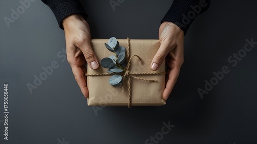 Person holding a wrapped gift with greenery on dark background  