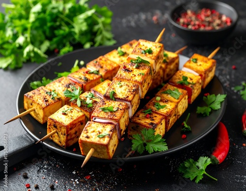 Grilled, seasoned tofu skewers on a black plate, garnished with herbs