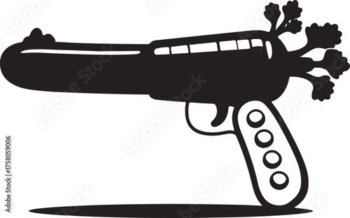 Conceptual black and white vector illustration of a flower gun design