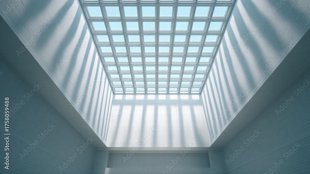 Fototapeta premium Bright and Spacious Atrium with Modern Architectural Design and Glorious Skylight Creating a Unique Light Effect on White Walls