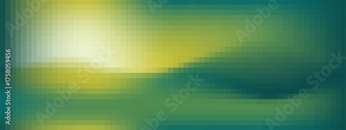 Colorful pixel gradient wallpaper with yellow and green abstract mosaic pattern. Square blocks, geometric tiles, rectangles arranged digitally. Vector cyber grid texture.