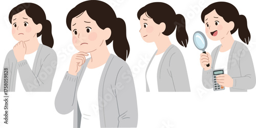 Puzzled Woman Cartoon Character Illustration Set Investigation with Magnifying Glass and Contemplation Expressions.