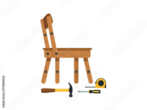 Wooden chair assembly with tools and measuring tape, DIY concept