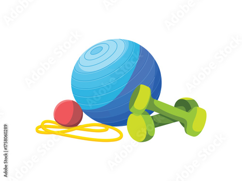 Vibrant fitness equipment including a Swiss ball, dumbbells, and jump rope for a healthy lifestyle.