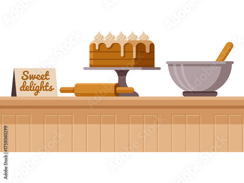 Delicious layered cake with frosting and baking tools on a wooden counter, inviting sweet treats.