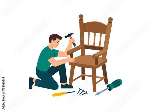 Skilled craftsman carefully repairs a wooden chair with tools and nails