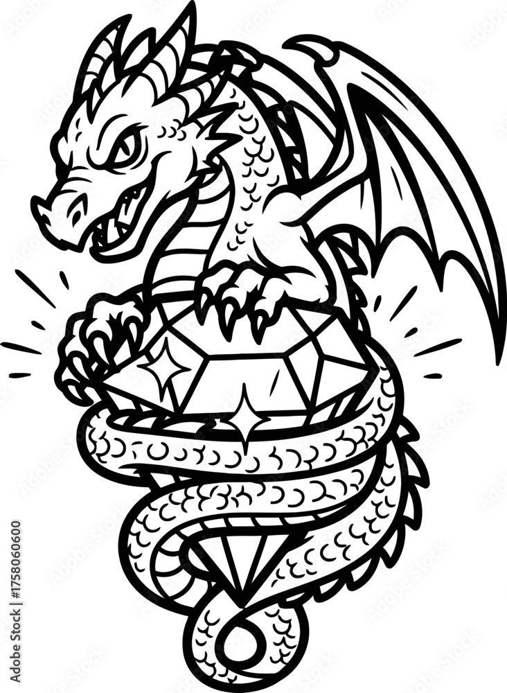 Fototapeta premium Vector art of fantasy dragon holding d20 dice in claws, mythical art illustration