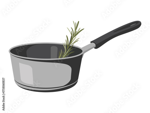 Fresh rosemary sprig steeping in a saucepan for cooking