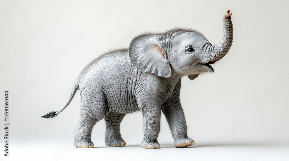 Fototapeta premium Adorable baby elephant calf standing, trunk raised.