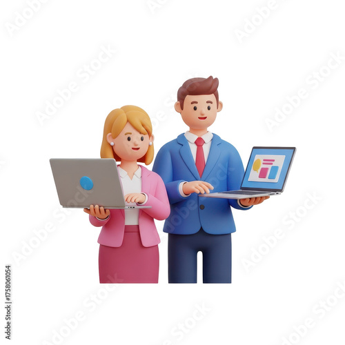 Cartoon People Analyzing Data On Laptops, Isolated Transparent Background