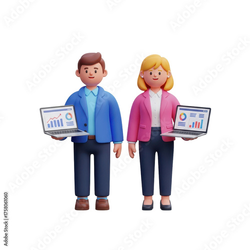 Cartoon Businesspeople Presenting Data on Laptops Transparent Background 3D Render