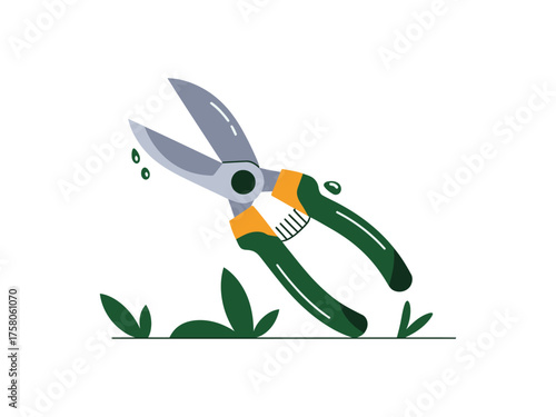 Gardening shears poised to trim lush green grass in a bright outdoor setting.