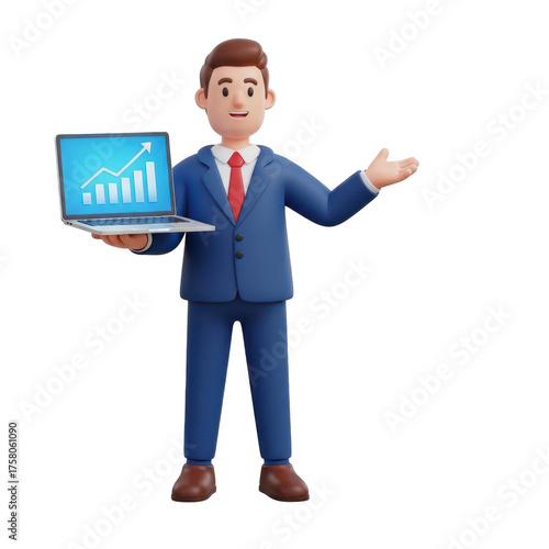 Businessman Presenting Financial Growth On Laptop, 3D Rendered Isolated On Transparent Background