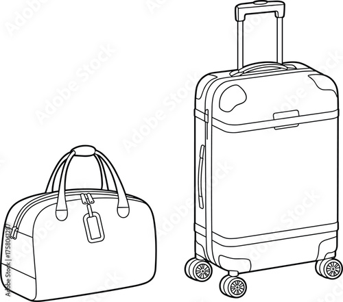 Cad drawing flat vector illustration, duffel bag, rolling suitcase, travel luggage, airport baggage, isolated icon, tourism equipment, vacation gear