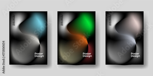 Abstract metallic gradient poster design template with smooth liquid wave texture, vertical stripe pattern, modern chrome fluid shape background, futuristic 3D flow art minimal gradient. 