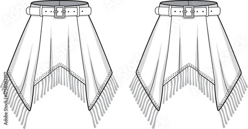 Decorative belt accessory with draped fabric panels, fashion costume detail, fringed textile ornament, technical garment sketch, cad drawing flat vector illustration