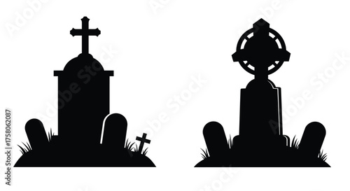 Silhouette of two gravestones and a celtic cross in a graveyard