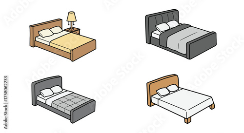 Simple cartoon illustration depicting various perspectives of a comfortable bed