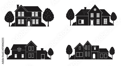 Simple black silhouettes of various house shapes and surrounding trees