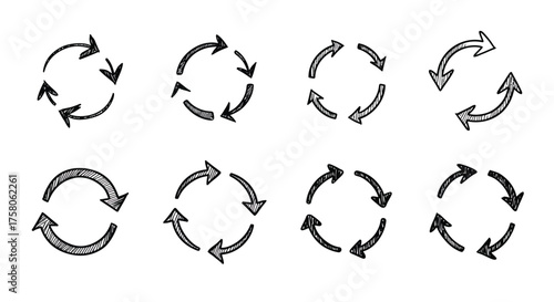 Circular arrows in various configurations sketched in black and white style