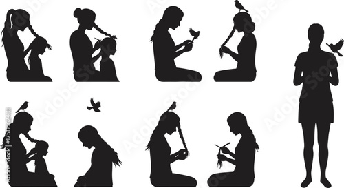 Silhouette vector illustration of person with birds, peaceful interaction, nature connection, sitting and standing poses, wildlife, companionship, calm lifestyle design