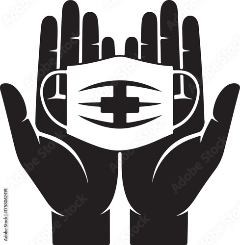 Protection in Hands: A pair of hands tenderly cradles a protective medical mask, symbolizing care, safeguarding health, and representing the essential need for preventative care.