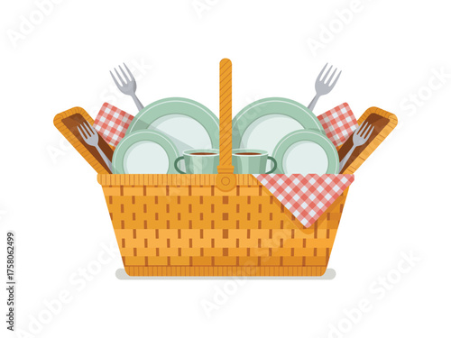 Ready for a delightful outdoor meal with a charming picnic basket filled with plates, cups, and cutlery.