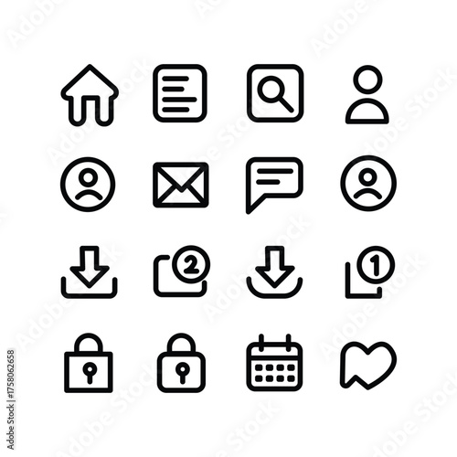 User Interface Icons: A comprehensive set of modern UI icons designed for intuitive user experience, covering essential functionalities and commands. 