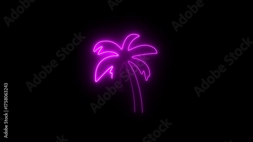 Vibrant purple neon palm tree drawing and glowing animation. Tropical summer vacation. Exotic holiday paradise. 4K beach party video.