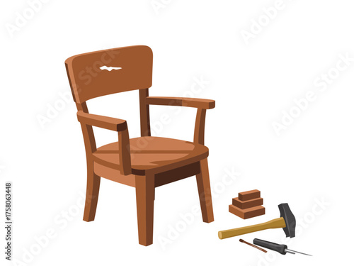 Wooden chair with tools and wood pieces for assembly or repair