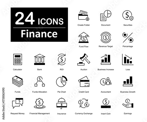 A set of 24 finance icons as create folder, document, securities