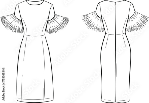 Cad drawing flat vector illustration, dramatic dress front back view, feather sleeve detail, fashion sketch, garment design, runway concept