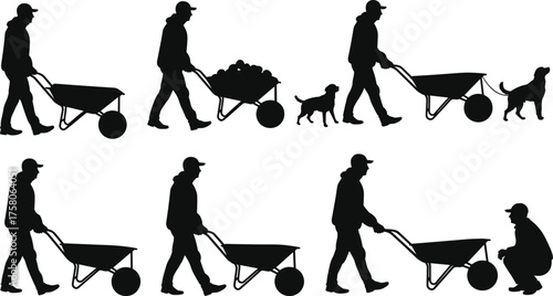 Silhouette vector illustration of person with wheelbarrow and dog in multiple scenarios, teamwork, lifestyle, outdoor activity, companionship, transportation