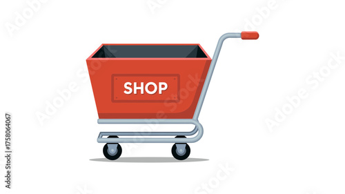 Bright red shopping cart with 'SHOP' label ready for consumer purchases