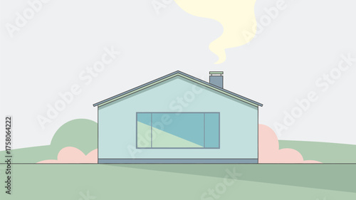 Cozy, simple illustration of a light blue house with smoke gently rising from the chimney on a clear day.