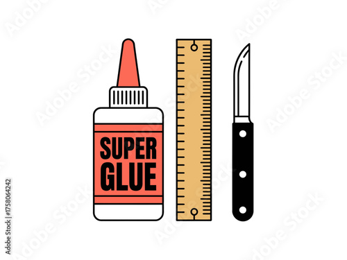 Crafting tools: glue bottle, ruler, and utility knife on a white background