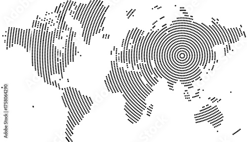 Digital global round circle dotted pattern vector world map.  Geometric dot pattern infographic world map design for background design element